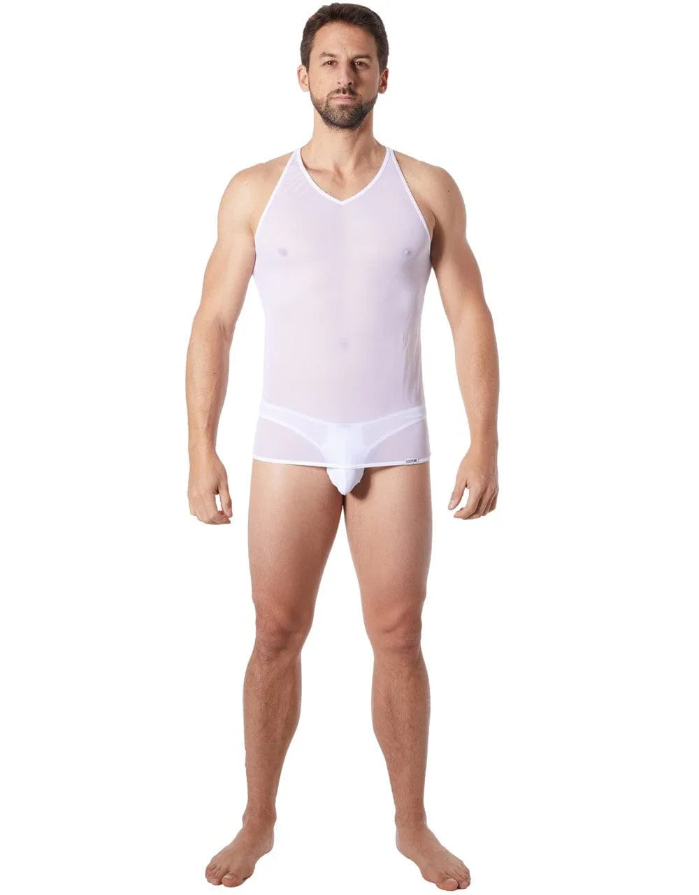 Débardeur homme blanc col V, maille transparente, épaules dénudées, ajusté, léger, sublimant la silhouette.