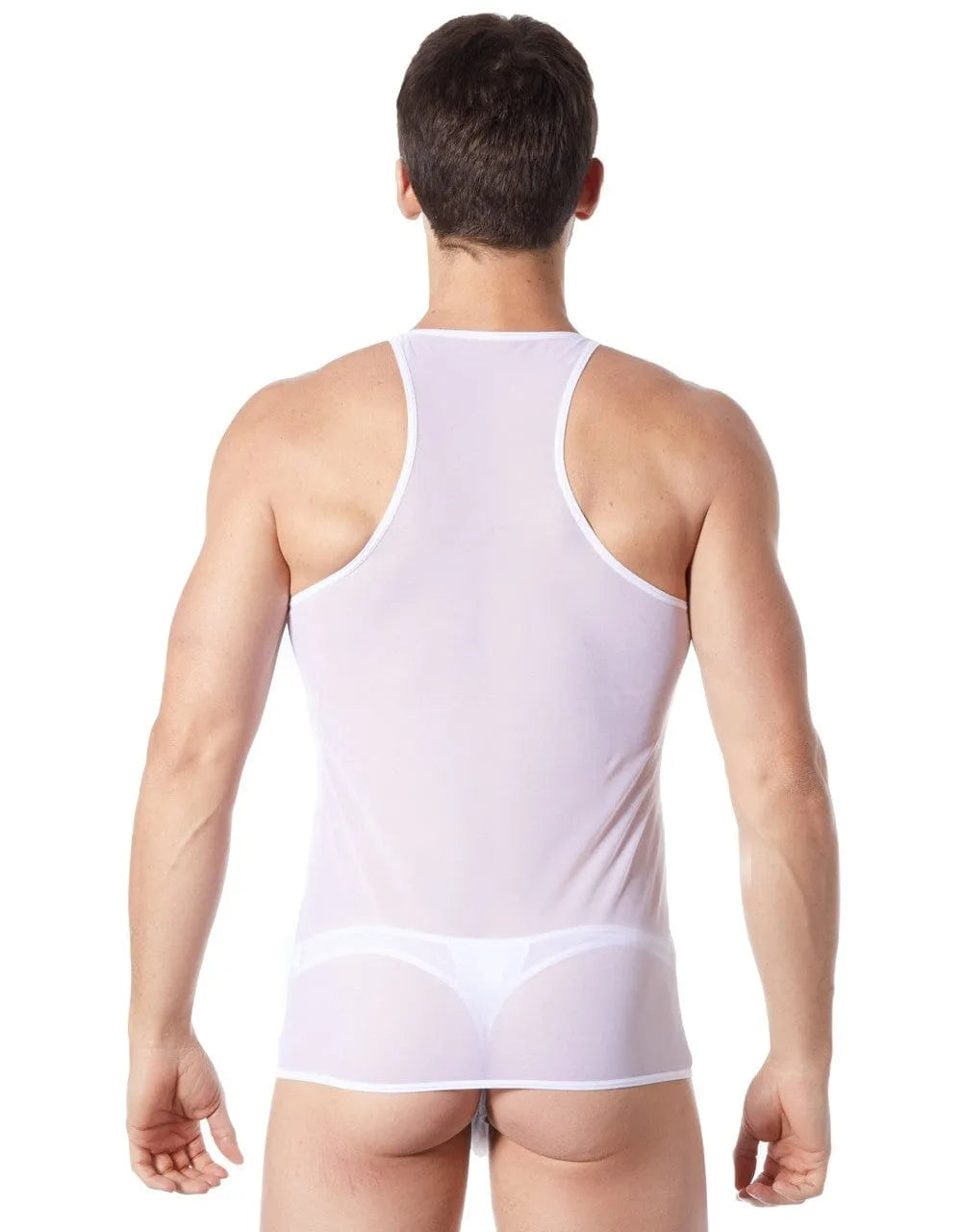 Débardeur homme blanc col V, maille transparente, épaules dénudées, ajusté, élégant et léger, silhouette sublimée.