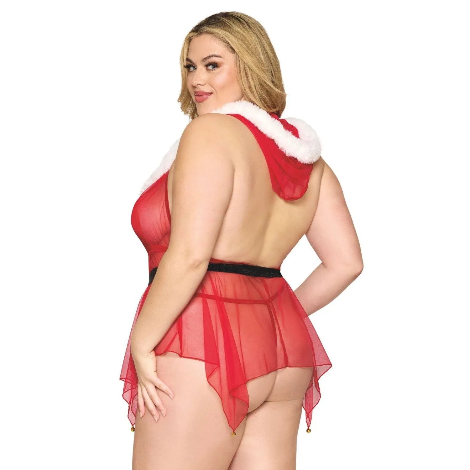 Déguisement Mère Noël grande taille rouge, résille, capuche fausse fourrure blanche, dos nu, style élégant et festif.