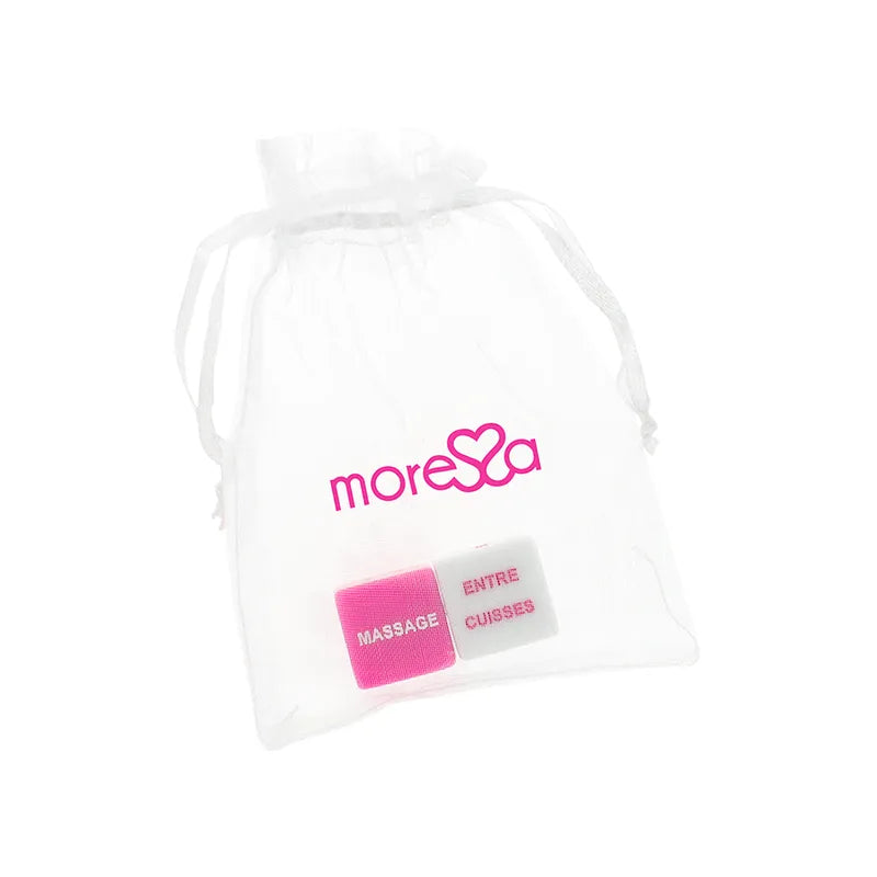 Dés érotiques Moressa rose et blanc en résine sans phtalates dans une pochette satin, sûrs pour le corps, jeu intime.