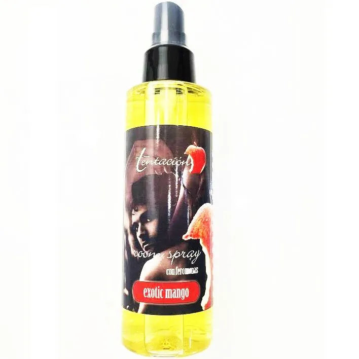 Flacon désodorisant phéromones mangue exotique 150ml, liquide jaune, étiquette sensuelle, ambiance séduisante.