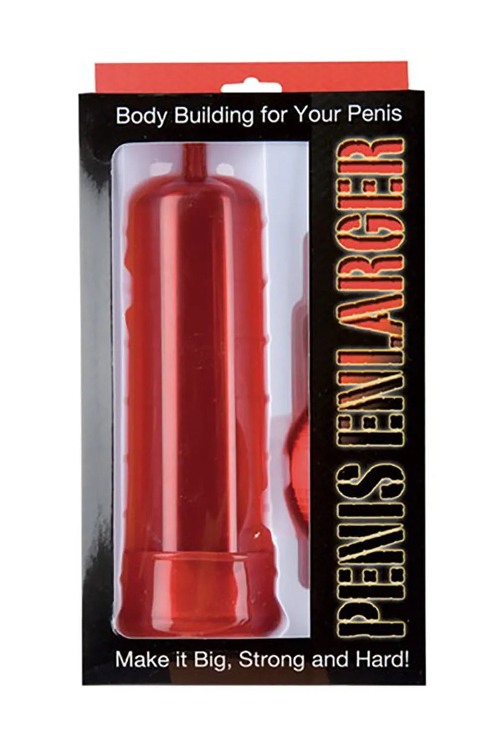 Pompe pénis rouge texturée 20cm, diamètre 5cm, matériaux ABS/TPE/PVC sans phtalate, boîte noire et rouge.