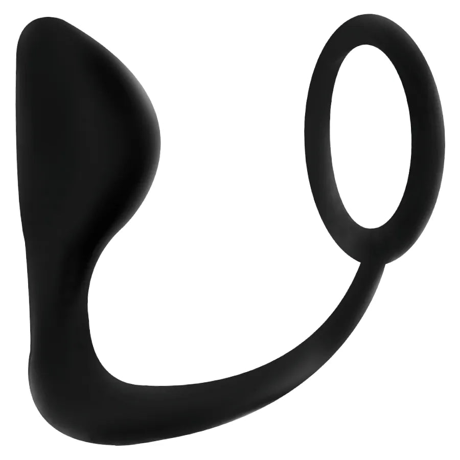 Dilatateur anal noir avec anneau pénien, design ergonomique en TPR doux, double stimulation, forme incurvée compacte.