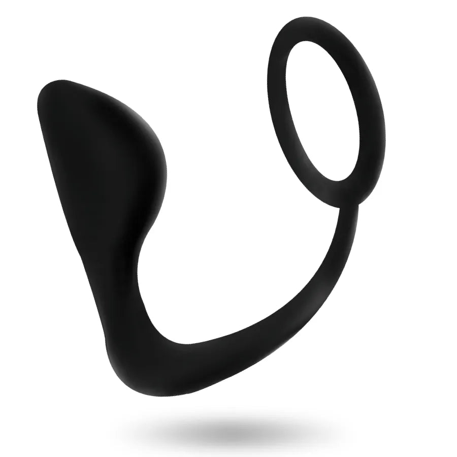 Dilatateur anal noir avec anneau pénien, design ergonomique incurvé, matériau TPR doux, double stimulation.