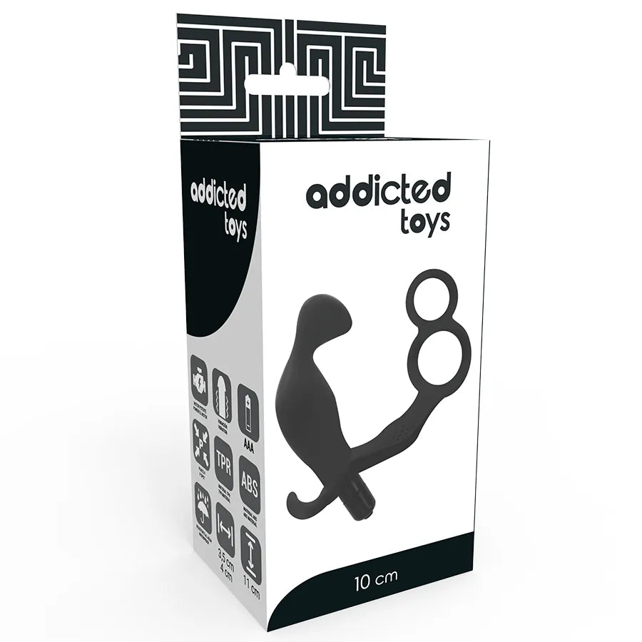 Dilatateur anal vibrant noir avec anneau pénien, design ergonomique, revêtement doux, emballage Addicted Toys.