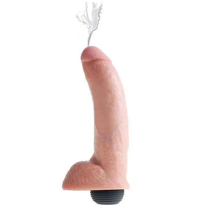 Dildo réaliste éjaculant, silicone texturé veineux, couleur chair, ventouse solide, 23 cm, nettoyant inclus.
