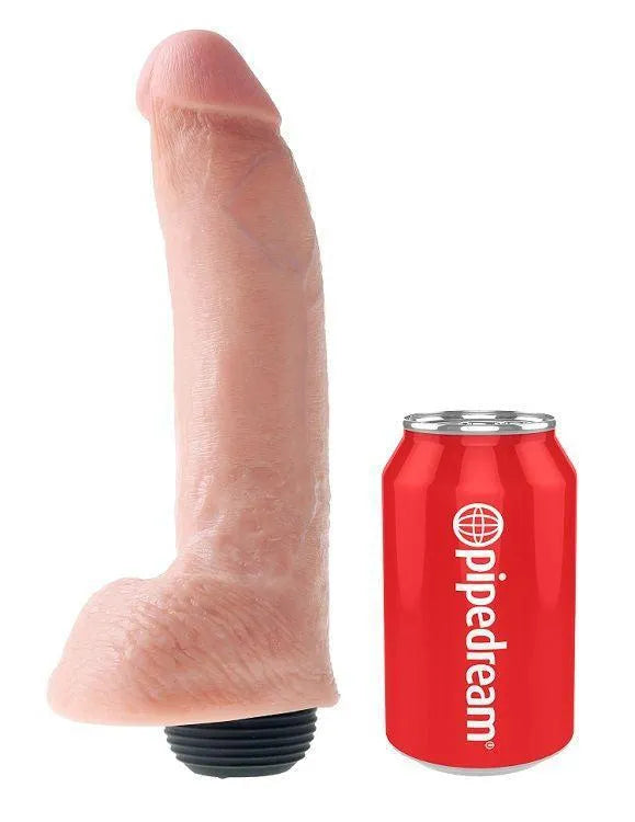 Dildo réaliste éjaculant en silicone texturé veineux, couleur chair, ventouse solide, longueur 23 cm, nettoyant inclus.