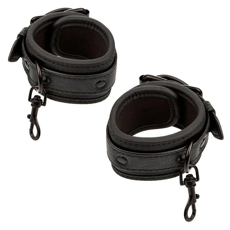 Bracelets de retenue noirs rembourrés avec boucles sécurisées et connecteurs pivotants pour lit, robustes et réglables.