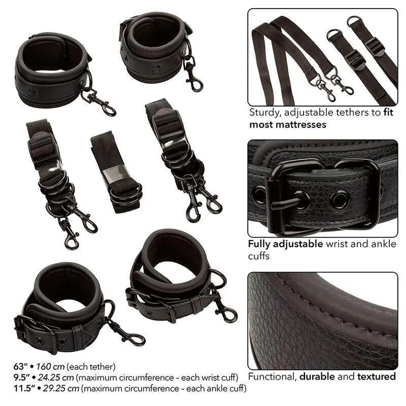 Dispositifs de retenue noirs pour lit, réglables, avec boucles sécurisées et coutures robustes, pour usage nocturne.