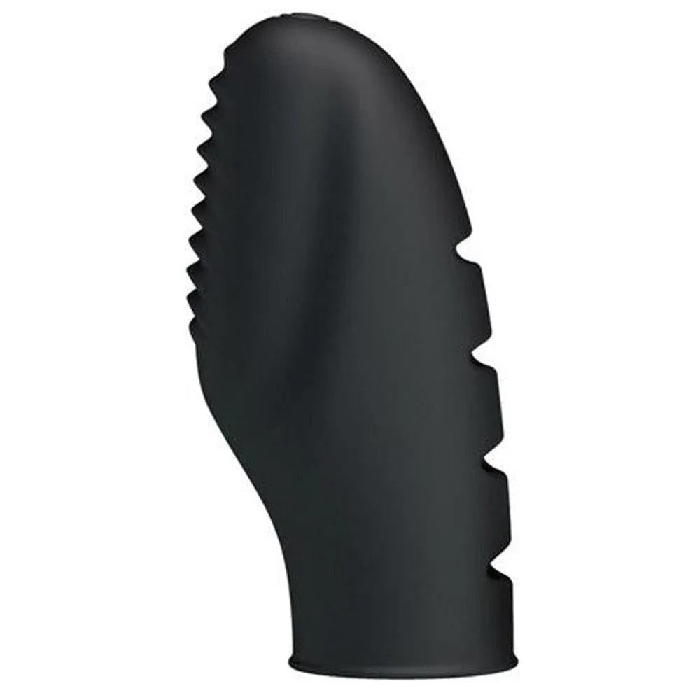 Doigt vibrant noir en silicone texturé avec picots, compact et ergonomique, 6.8cm de long, 3.3cm de diamètre.