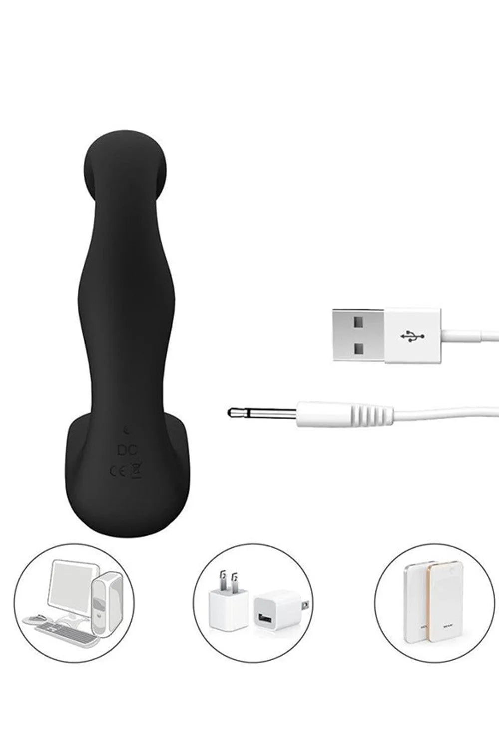 Plug anal noir en silicone doux, forme ergonomique, avec câble USB pour recharge, idéal pour stimulation intense.