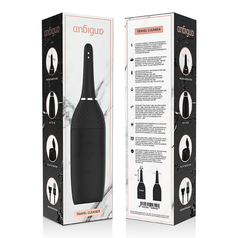 Douche anale automatique noire, silicone médical, anti-reflux, cinq vitesses, étanche, rechargeable, compacte.