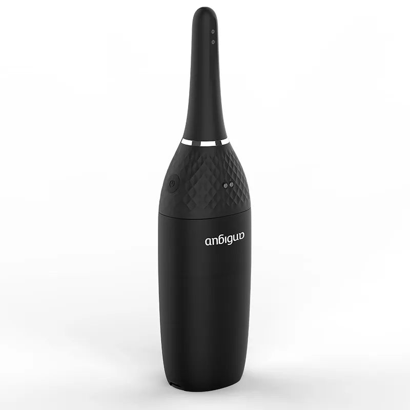 Douche anale automatique noire, rechargeable, silicone médical, anti-reflux, cinq vitesses, étanche, compacte.