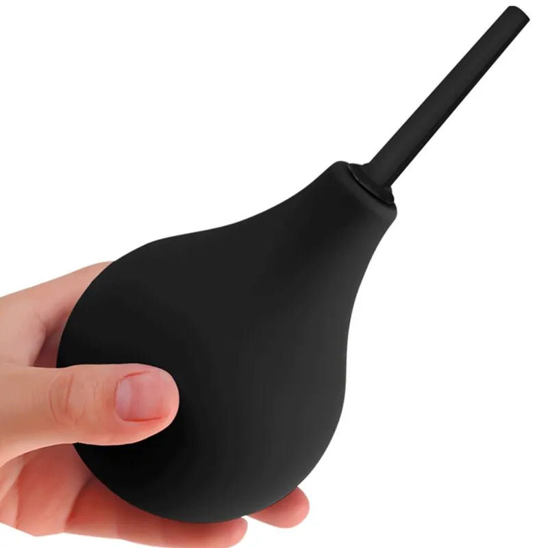 Douche anale noire en caoutchouc, forme ergonomique, buse fine pour insertion douce, idéale pour hygiène intime.