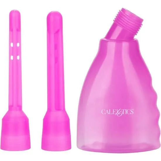 Douche anale réutilisable rose, bouteille transparente, embouts démontables, hygiène intime durable et efficace.