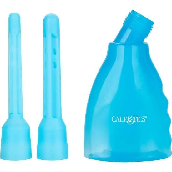 Douche anale réutilisable transparente bleue, démontable, avec accessoires interchangeables pour hygiène personnelle.