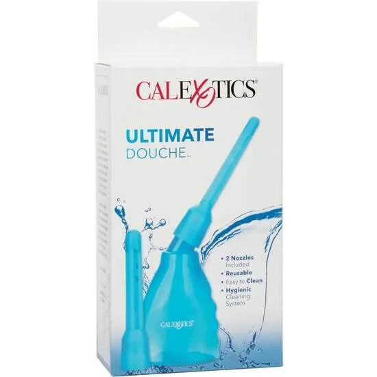 Douche anale transparente bleue, démontable, avec accessoires interchangeables, pour hygiène personnelle optimale.
