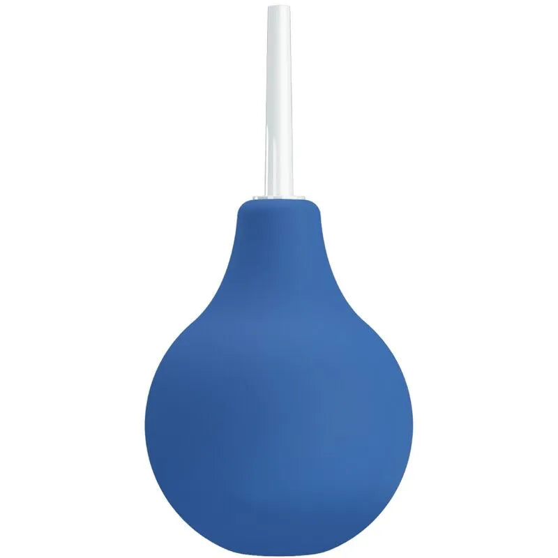 Douche anale rechargeable bleue, buse blanche 7,5 cm, poire caoutchouc 224 ml, étanche, ergonomique et compacte.