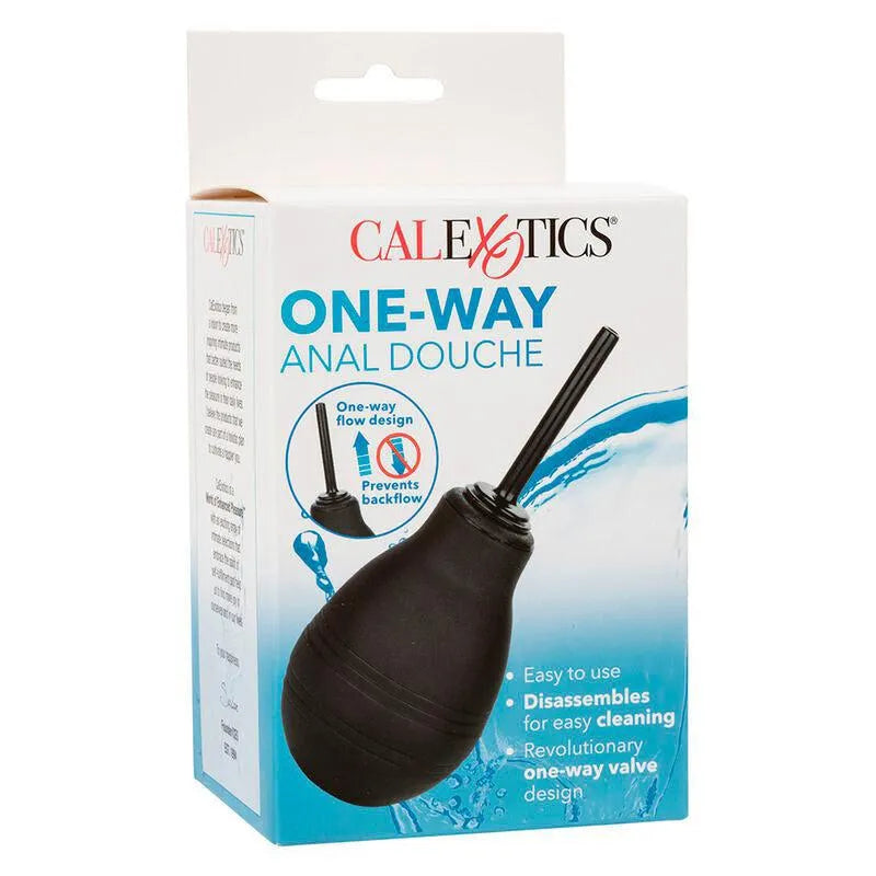 Douche anale noire avec valve unidirectionnelle, buse fine, emballage bleu et blanc, 216ml, anti-reflux, hygiénique.