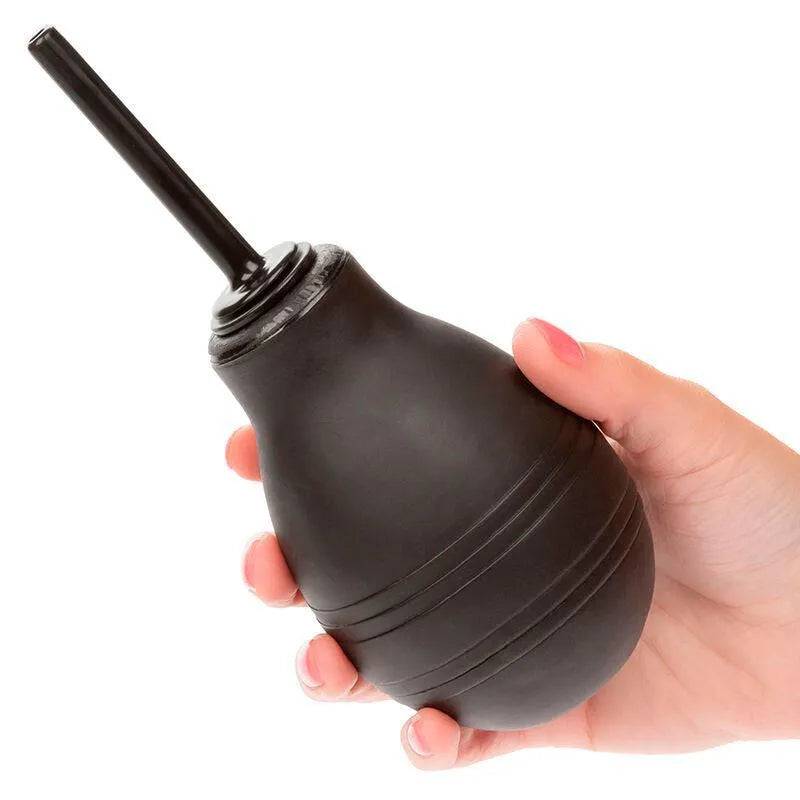 Douche anale noire ergonomique 216ml avec buse fine, valve anti-reflux, tenue en main pour hygiène personnelle optimale.