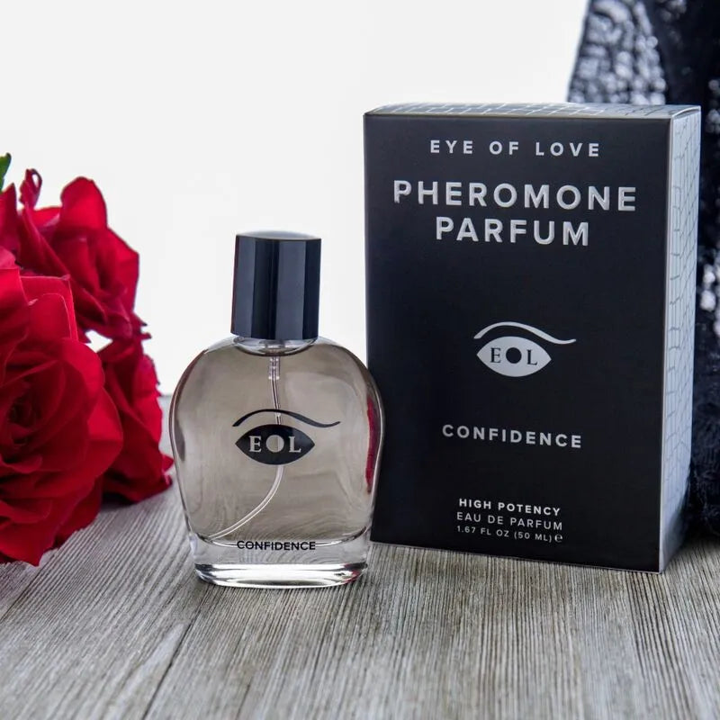 Flacon transparent de cologne phéromone pour homme, design moderne, notes musquées, jasmin et miel, séduction et confiance.