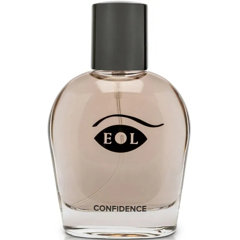Flacon de cologne phéromone pour homme, design moderne, verre transparent, bouchon noir, étiquette Confidence.