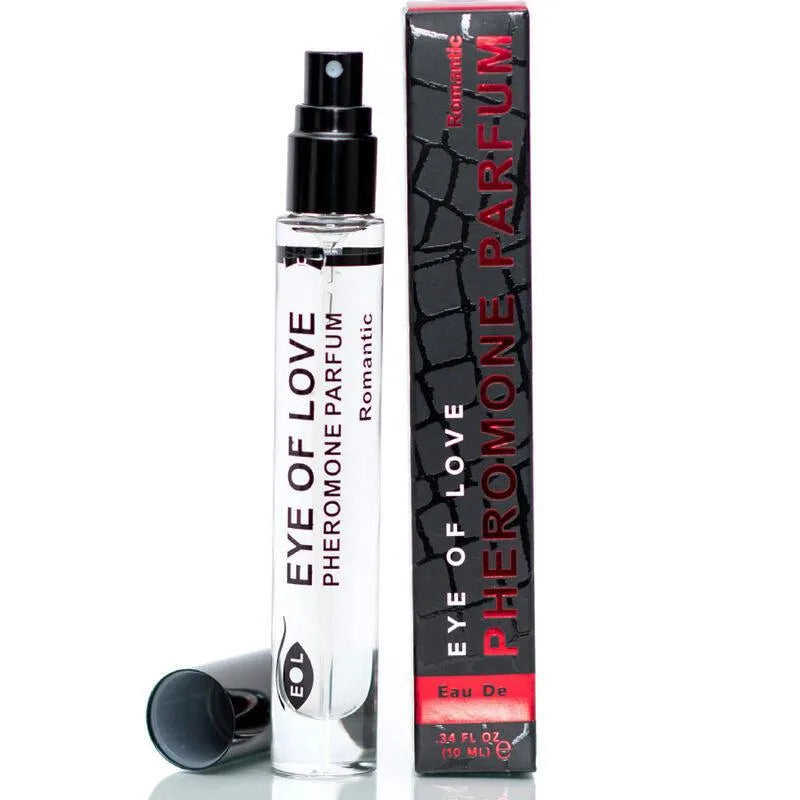 Flacon transparent de cologne phéromone pour homme, design élégant, boîte noire et rouge, notes boisées et florales.