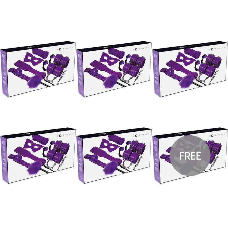 Ensemble bondage cuir synthétique lilas initiation sécurité réglable confortable respirant menottes poignets chevilles bâillon masque cordes cinq mètres plumes
