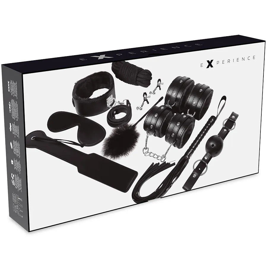 Ensemble bondage cuir synthétique noir avec menottes, fouet, plume, masque et cordes pour débutants, élégant et sécurisé.