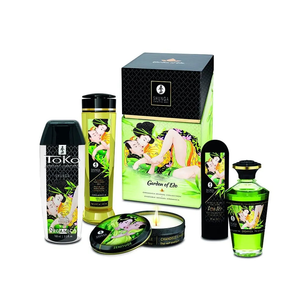 Ensemble Cadeau Bio Jardin Edo Intimes Sensoriel Sensuel Huiles Massage Thé Vert Exotique Huile Chauffante Crème Lotus Noir Lubrifiant Organica