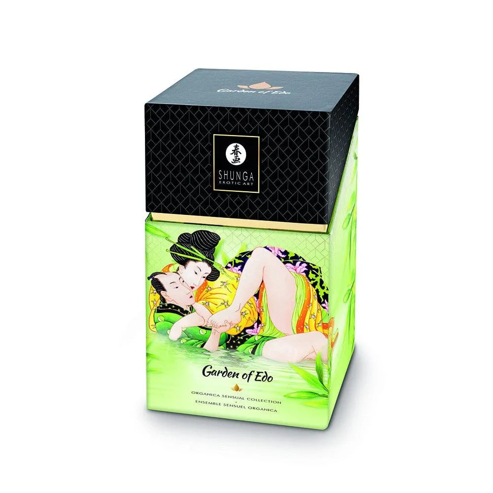 Ensemble Cadeau Bio Jardin Edo, boîte colorée avec illustration japonaise, huiles de massage et crème sensorielle.
