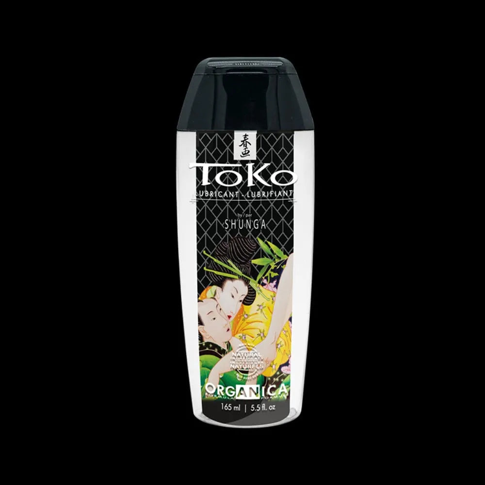 Flacon de lubrifiant Organica Shunga, 165 ml, design inspiré des jardins Edo, fond noir, illustration japonaise.