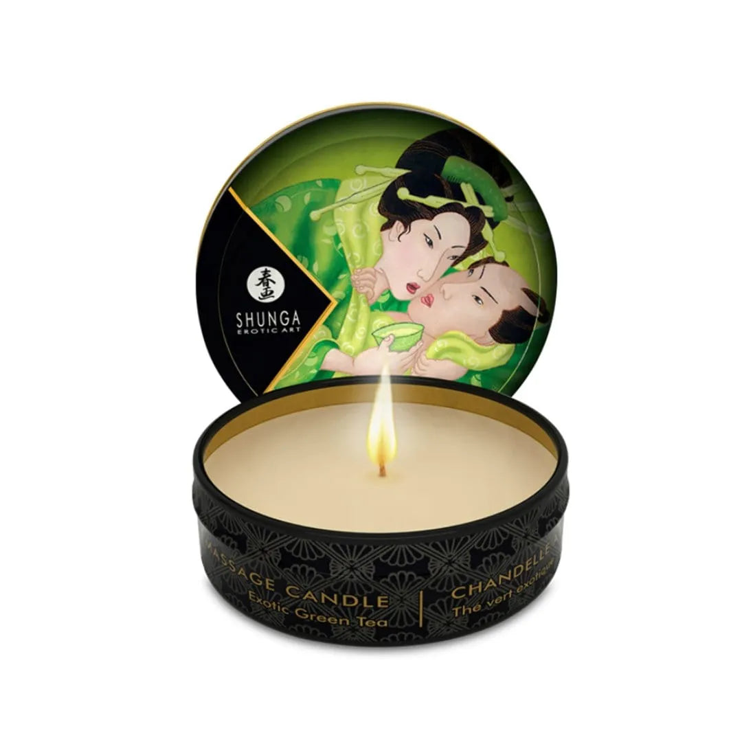 Bougie de massage Jardin Edo, couvercle illustré, pot noir, parfum thé vert exotique, ambiance intime et sensorielle.