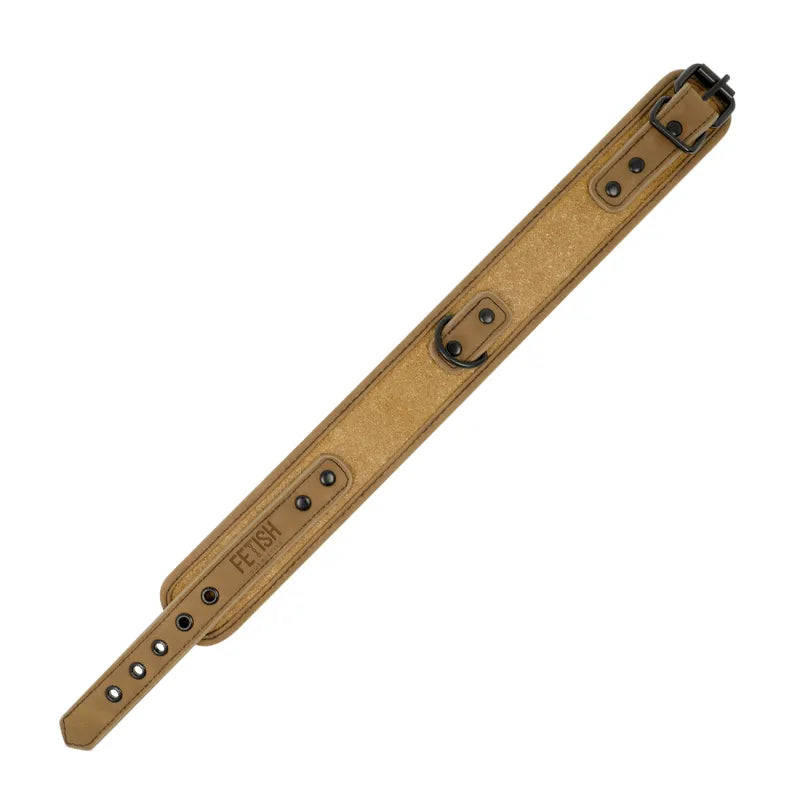 Collier et menottes BDSM en cuir vegan marron, métal noir sans nickel, design ajustable et sécurisé pour débutants et expe...