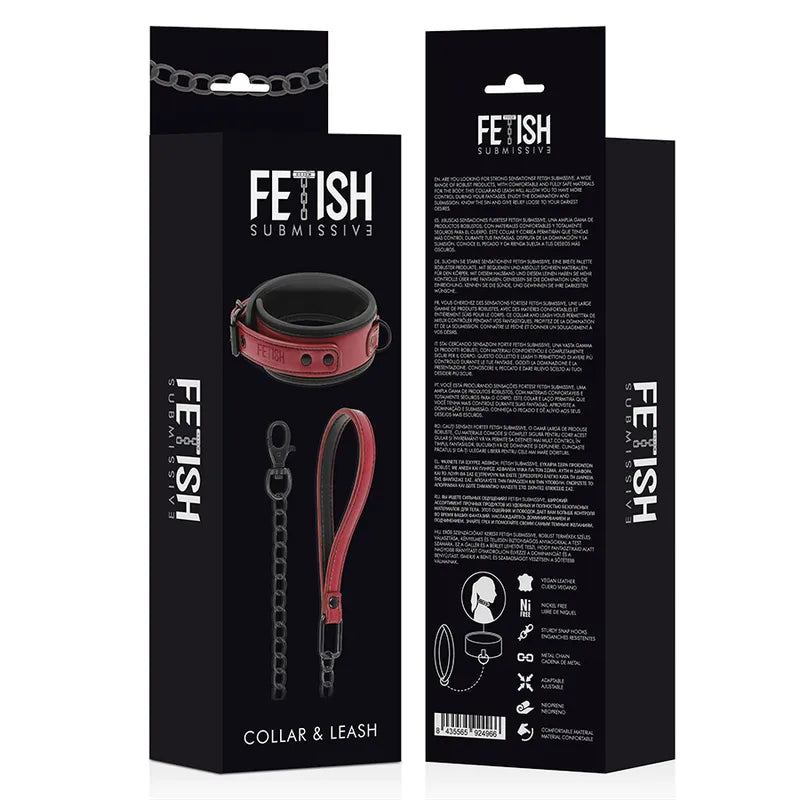 Collier et menottes cuir vegan noir et rouge, chaîne métal sans nickel, ajustable, durable, esthétique, BDSM éthique.