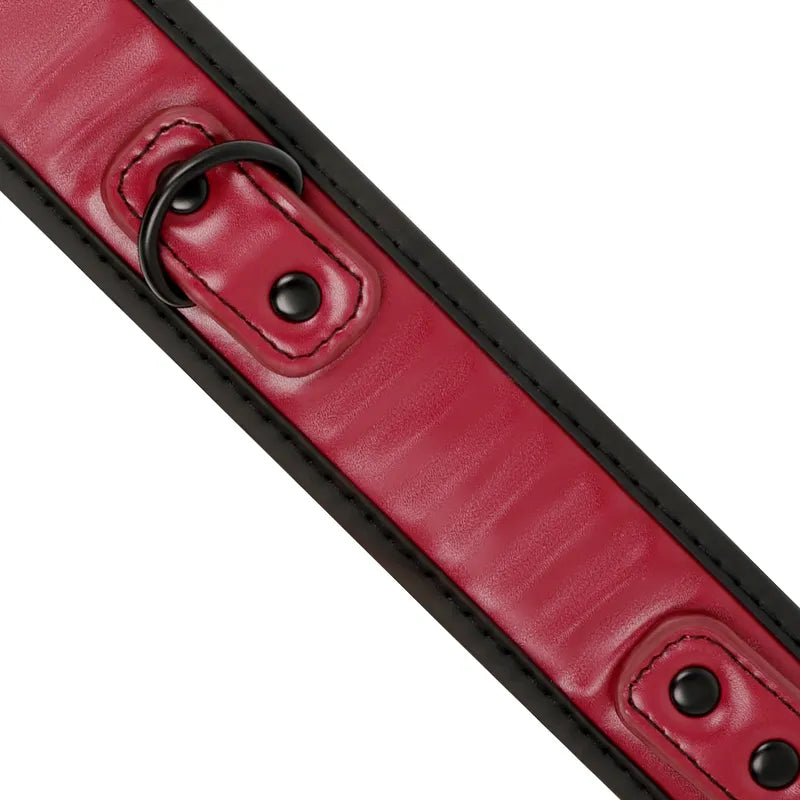 Collier et menottes en cuir vegan rouge et noir avec anneaux métalliques sans nickel, design BDSM élégant et éthique.