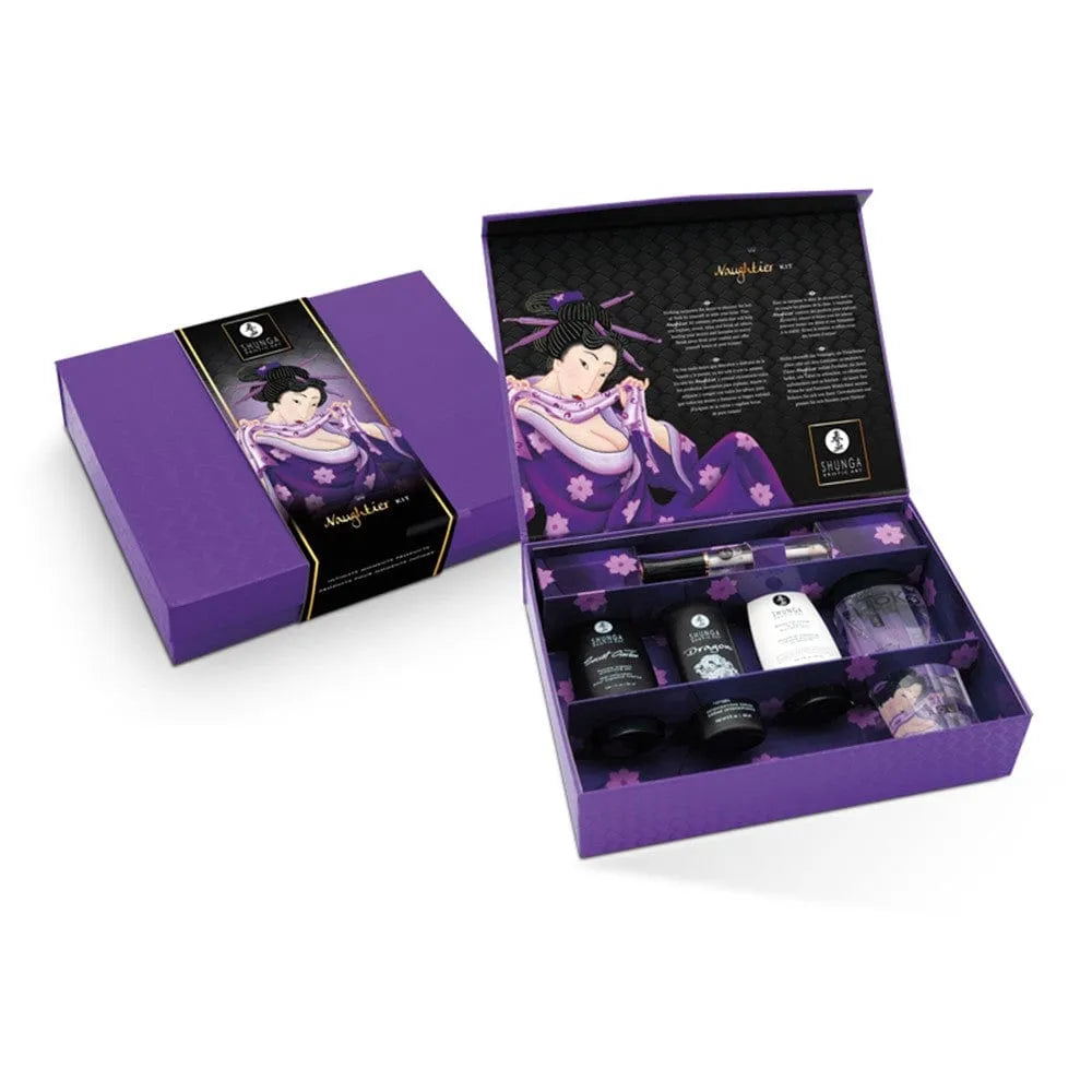 Ensemble coquin violet pour couples, sextoys et lubrifiants inclus, boîte élégante pour plaisir sensuel et complicité.