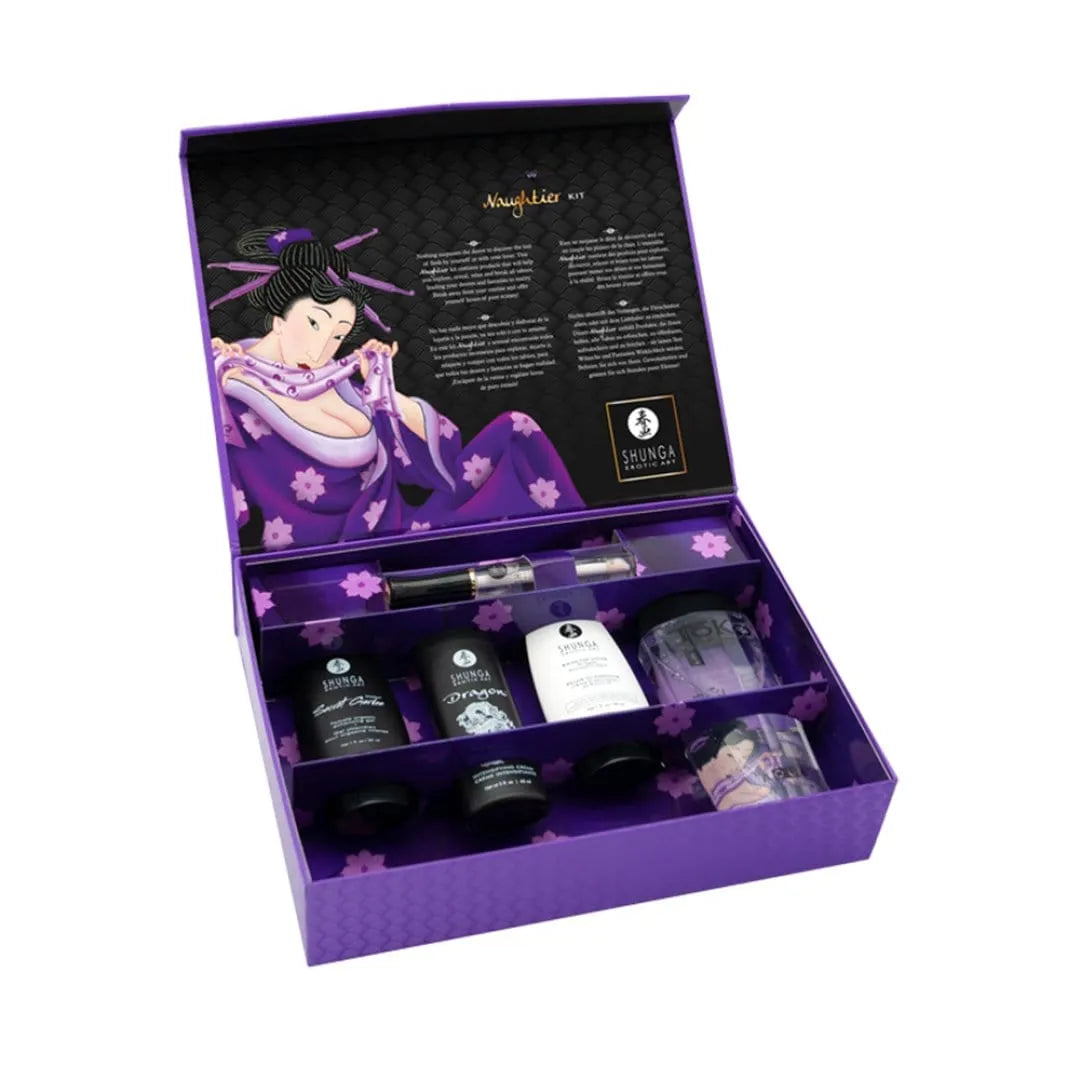 Ensemble coquin violet pour couples avec sextoys, lubrifiant hydratant, crèmes, et accessoires sensuels dans une boîte élé...