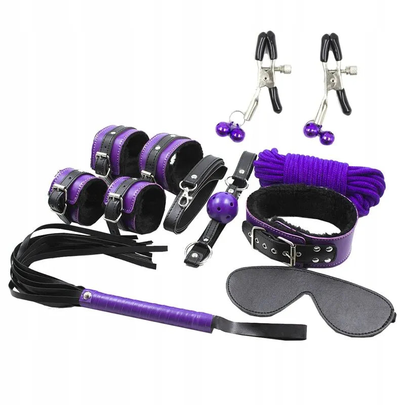 ensemble bondage cuir synthétique noir complet polyvalent confortable sécurisé fouet menottes ajustables bâillon respirant corde dix mètres masque