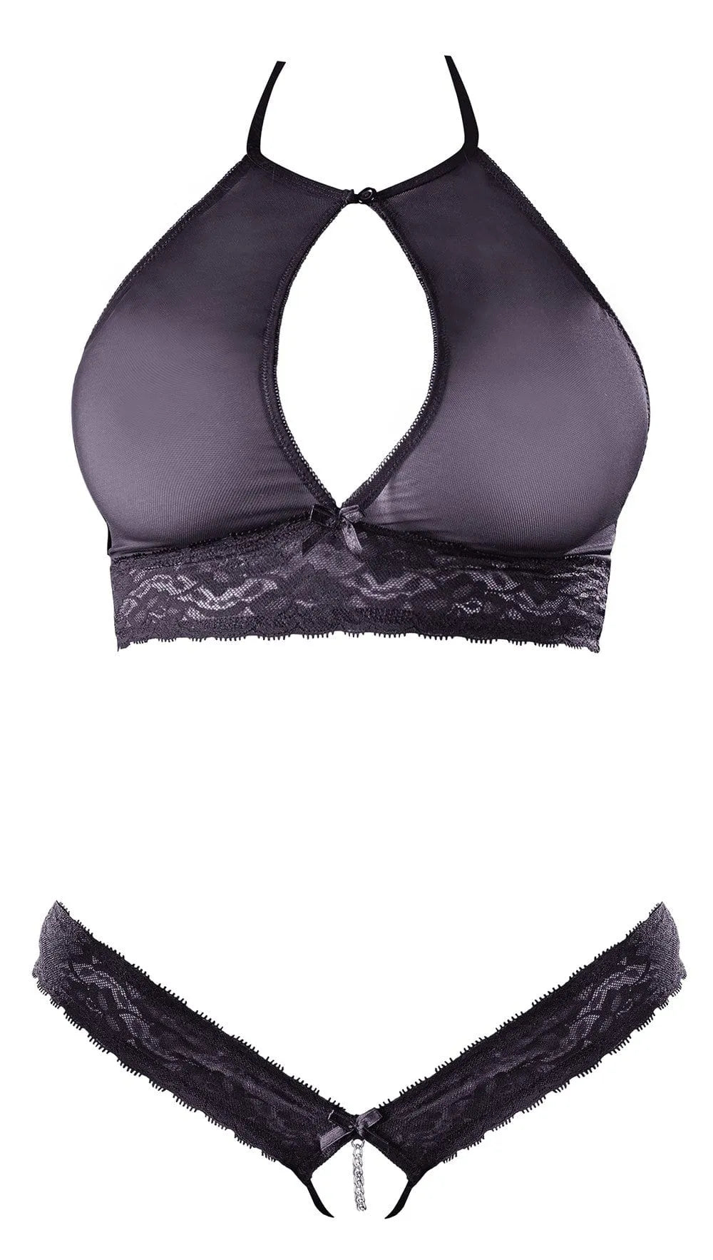 Ensemble lingerie dentelle noire, soutien-gorge bandeau résille, string ouvert, élégant et sexy, polyamide élasthanne.