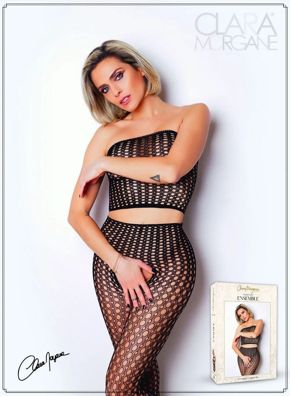 Ensemble deux pièces résille extensible doux transparent bandeau flatteur taille haute sculptant ajouré ouverture entrejambe sensuel glamour féminin