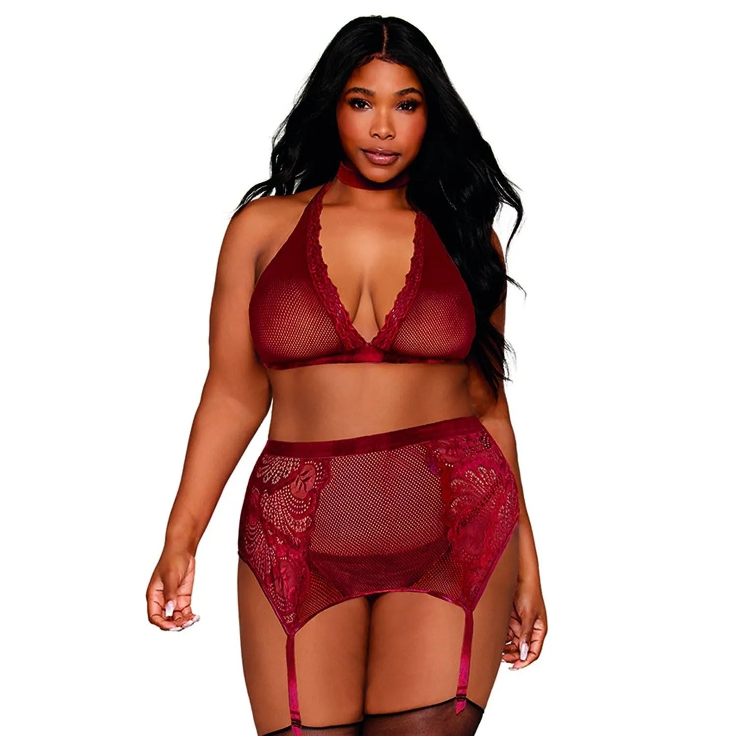 Grande Taille Résille Dentelle Rouge Bordeaux Sexy Sensuel Élégant Confortable Extensible Soutiengorge String Portejarretelles Collier Velours Sans Armatures