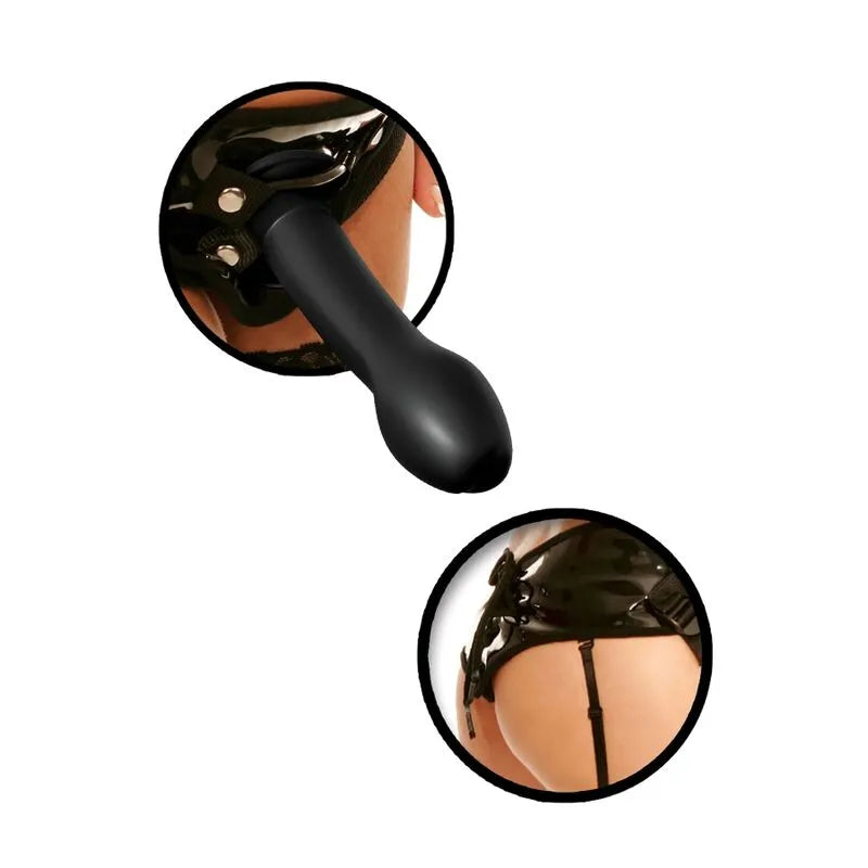 Harnais noir avec gode sans phtalates, sangles ajustables, design élégant pour moments intimes, sécurité et confort.