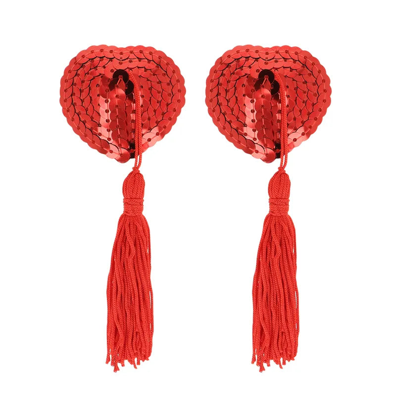 Protecteurs mamelons rouges en forme de cœur avec paillettes et pompons, accessoires érotiques Ohmama pour couple.