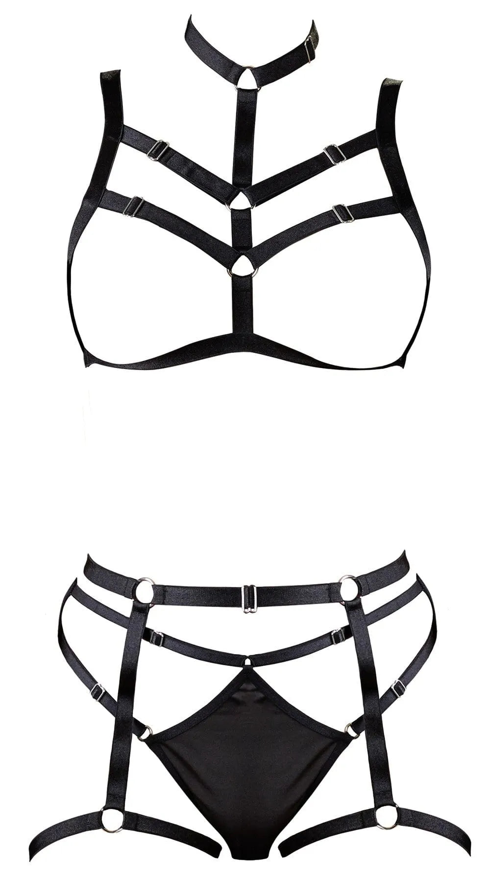 Ensemble lingerie BDSM noir avec harnais réglable, soutien-gorge ouvert à lanières, string et porte-jarretelles sensuels.