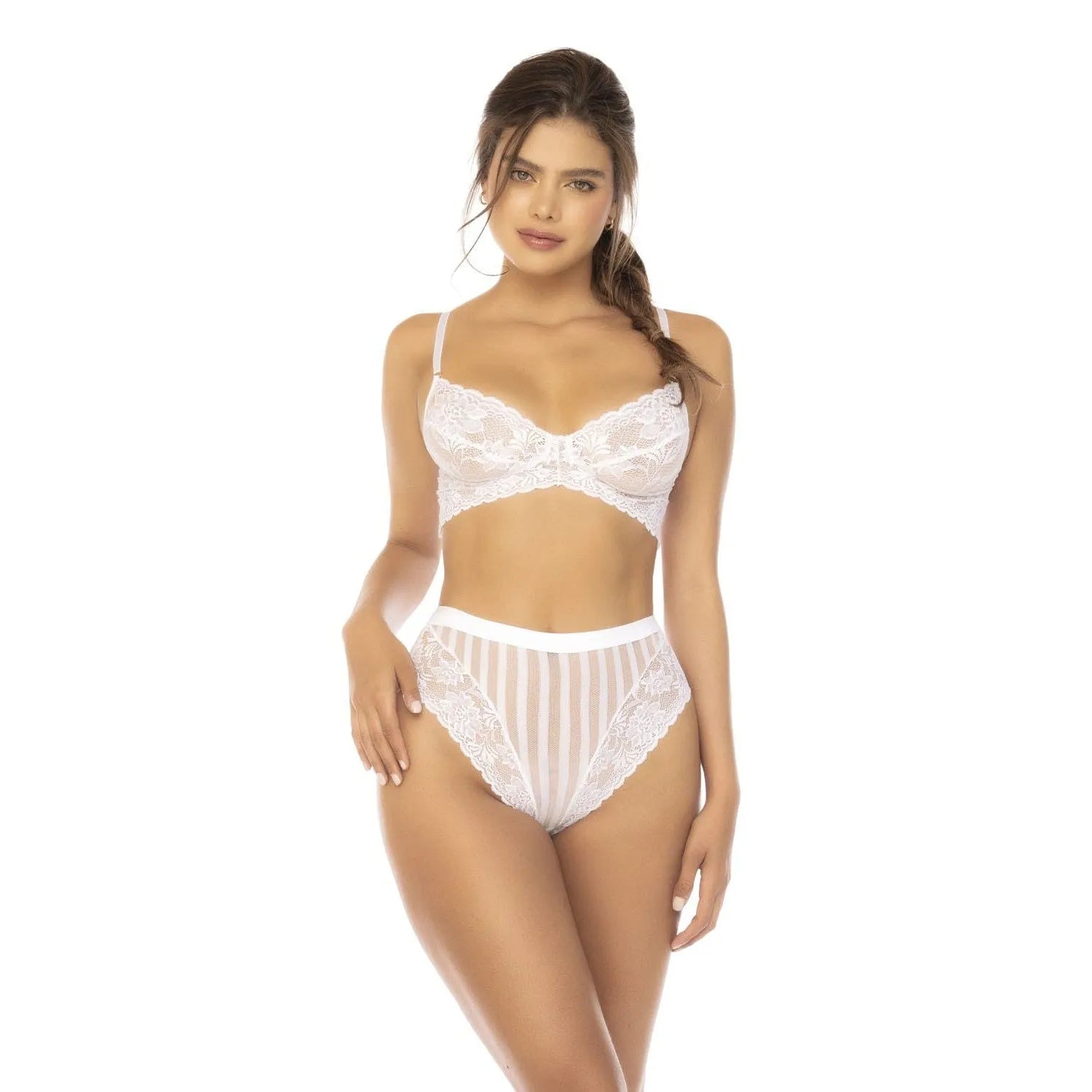 ensemble lingerie blanc dentelle florale résille rayée ajustable bretelles réglables soutien gorge culotte taille haute sculptante confortable sensuel polyamide elasthanne