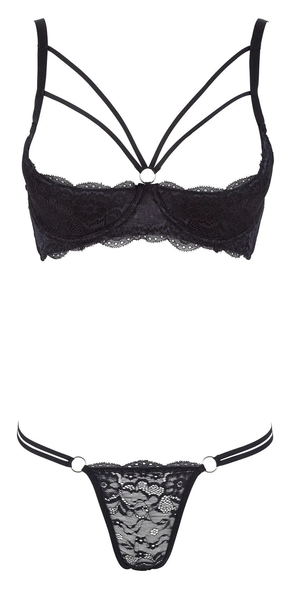 Ensemble lingerie noir dentelle Cottelli, soutien-gorge demi-seins à armatures, doubles lanières, string assorti.