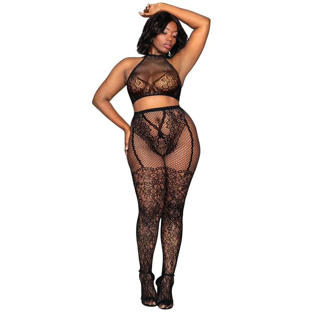 Ensemble lingerie dentelle grande taille Dreamgirl brassière résille dos nu attache nuque collants effet string jarretières cuissardes nylon élasthanne