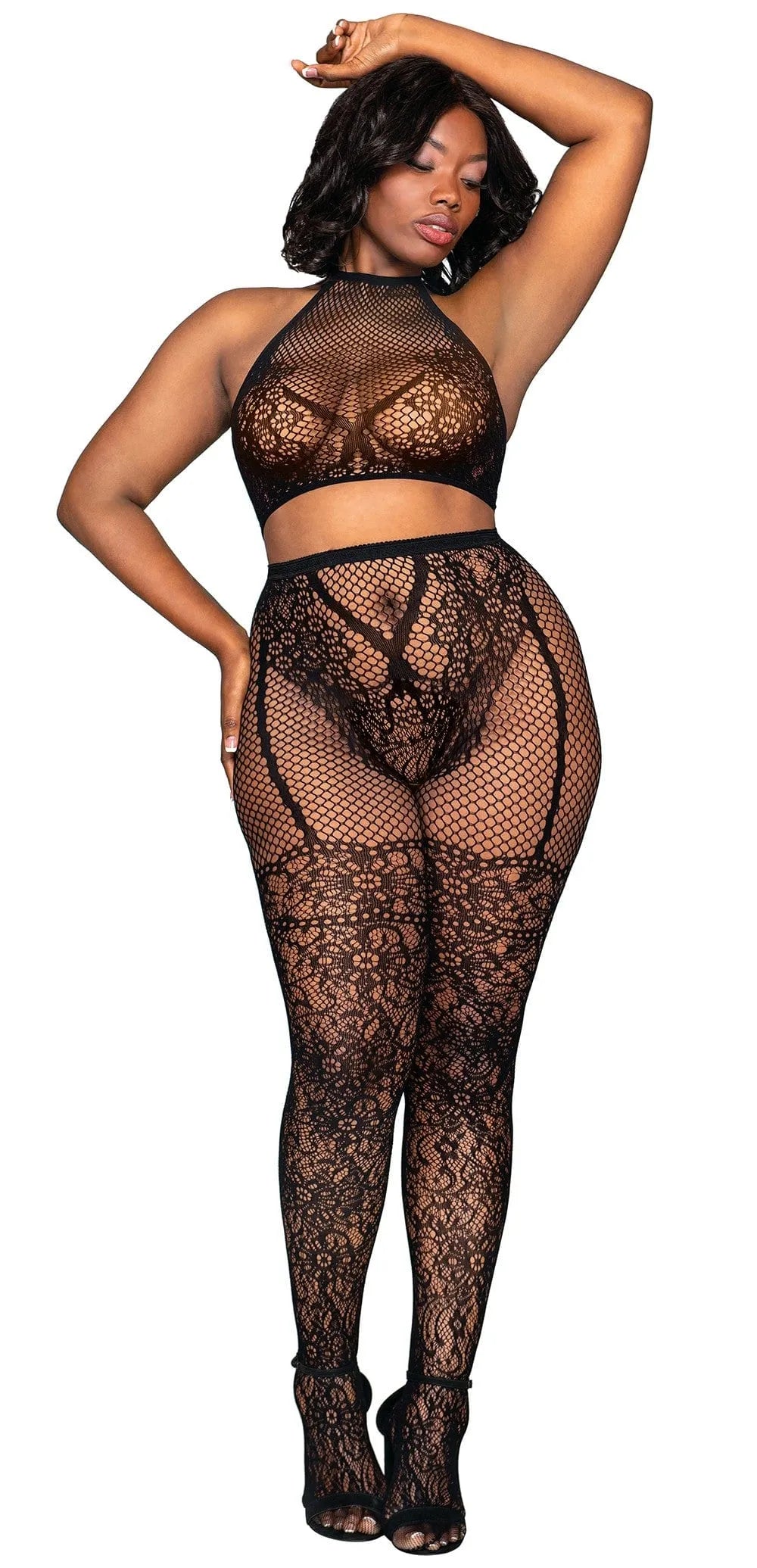 Ensemble lingerie dentelle noire grande taille Dreamgirl, brassière résille dos nu, collants effet string jarretières.