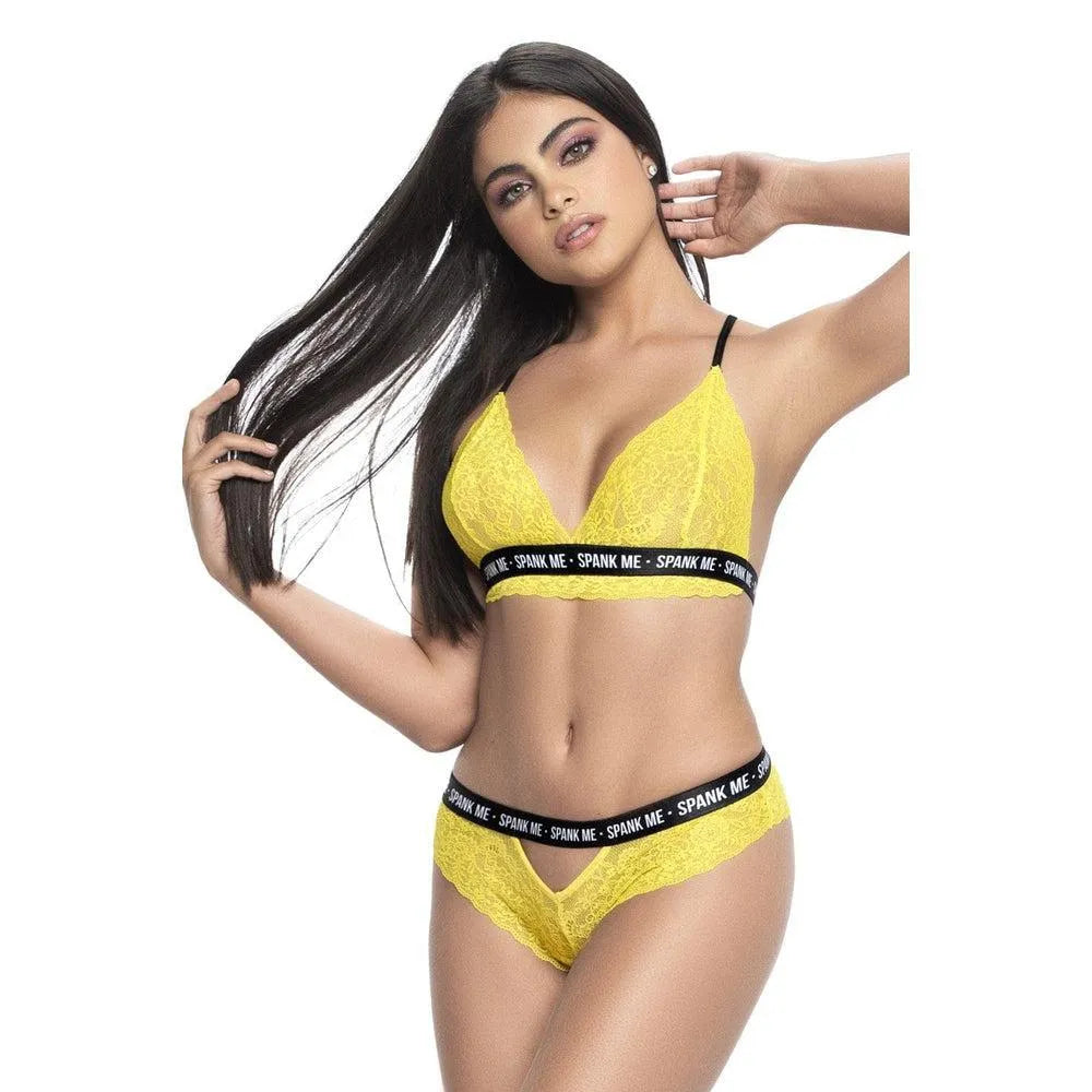 ensemble lingerie dentelle jaune soutiengorge triangle bretelles réglables shorty ceinture galon ludique imprimé fantaisie jeune pétillant confortable polyamide elasthanne